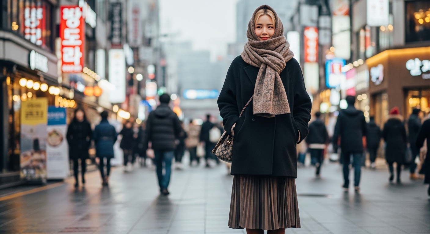 서울 거리에서 목도리로 머리를 감싸고 있는 겨울 패션의 여성