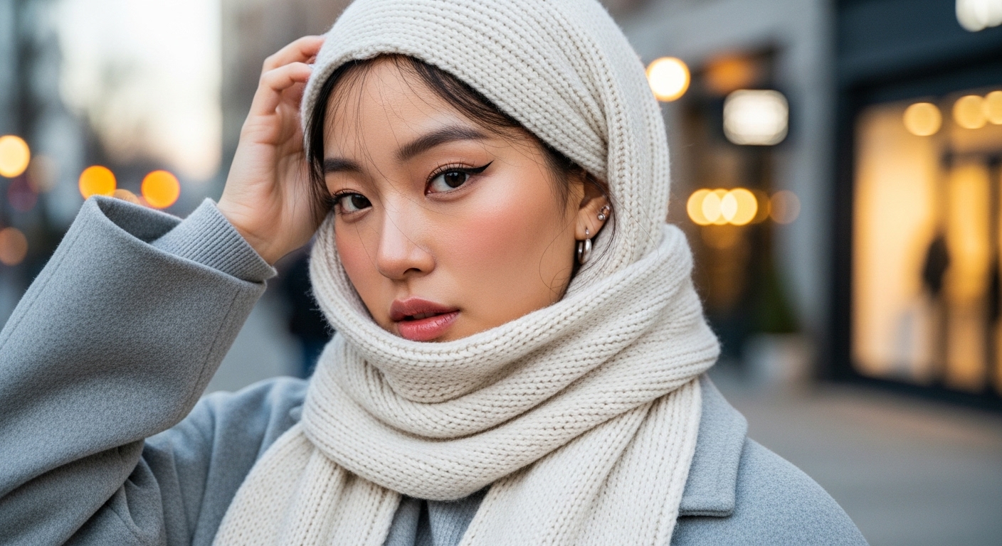 패셔너블하고 따뜻한 스타일로 목도리를 착용한 한국 인플루언서