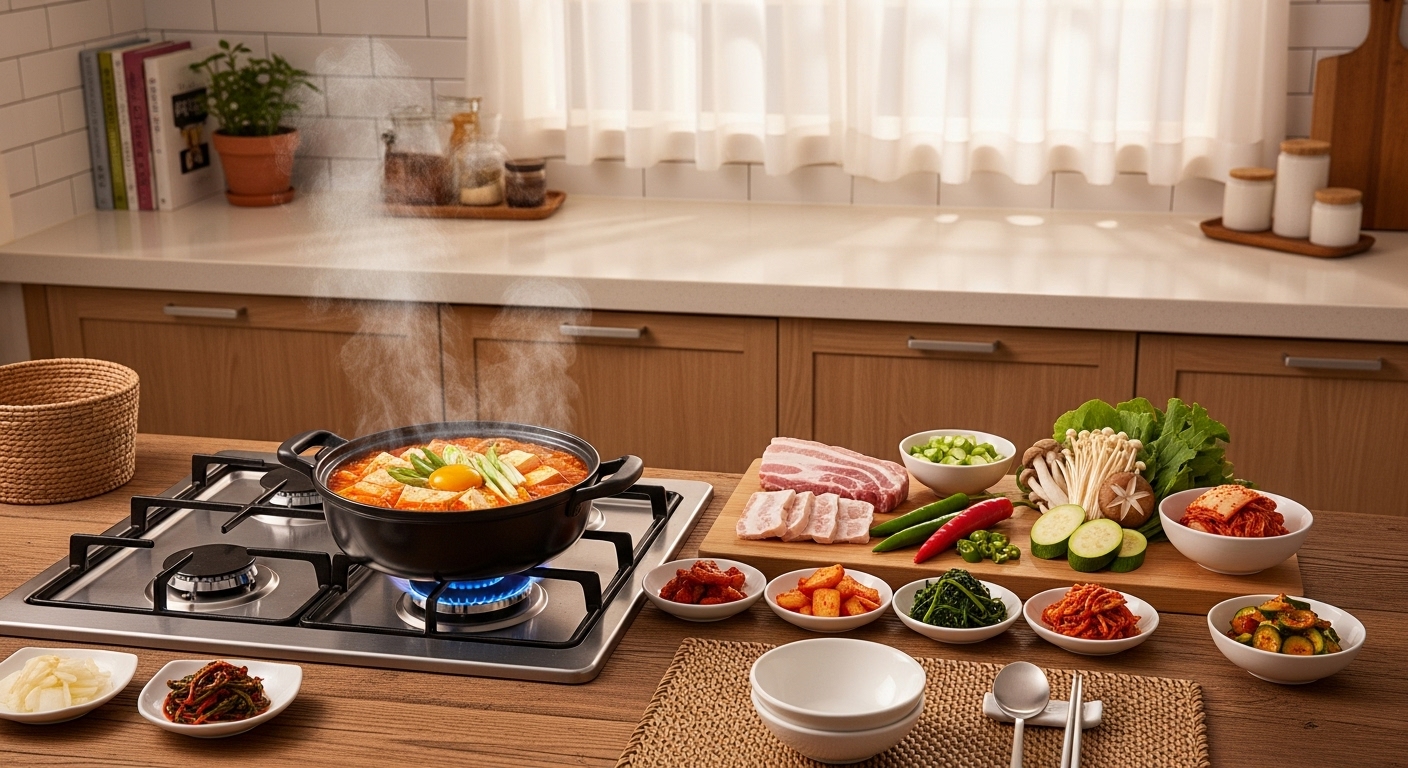 따뜻한 한국 주방에서 김이 나는 순두부찌개와 신선한 재료들이 놓인 모습