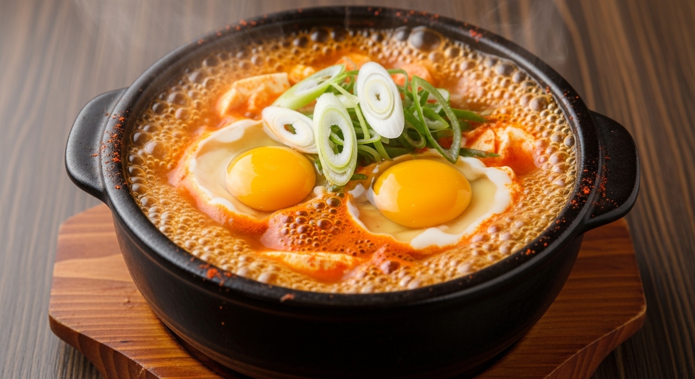 끓고 있는 순두부찌개에 대파와 계란이 추가되는 순간