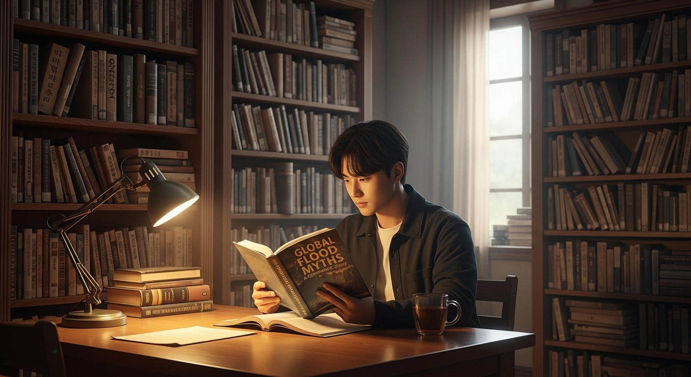 도서관에서 세계 대홍수 신화 책을 읽고 있는 학생