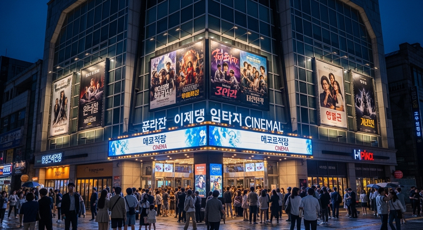 야간에 화려한 조명과 붐비는 인파로 활기찬 현대적인 한국 영화관 외관