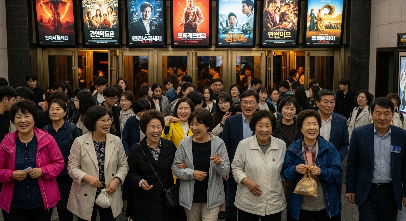 극장을 나서며 미소 짓고 영화를 이야기하는 열정적인 관객들