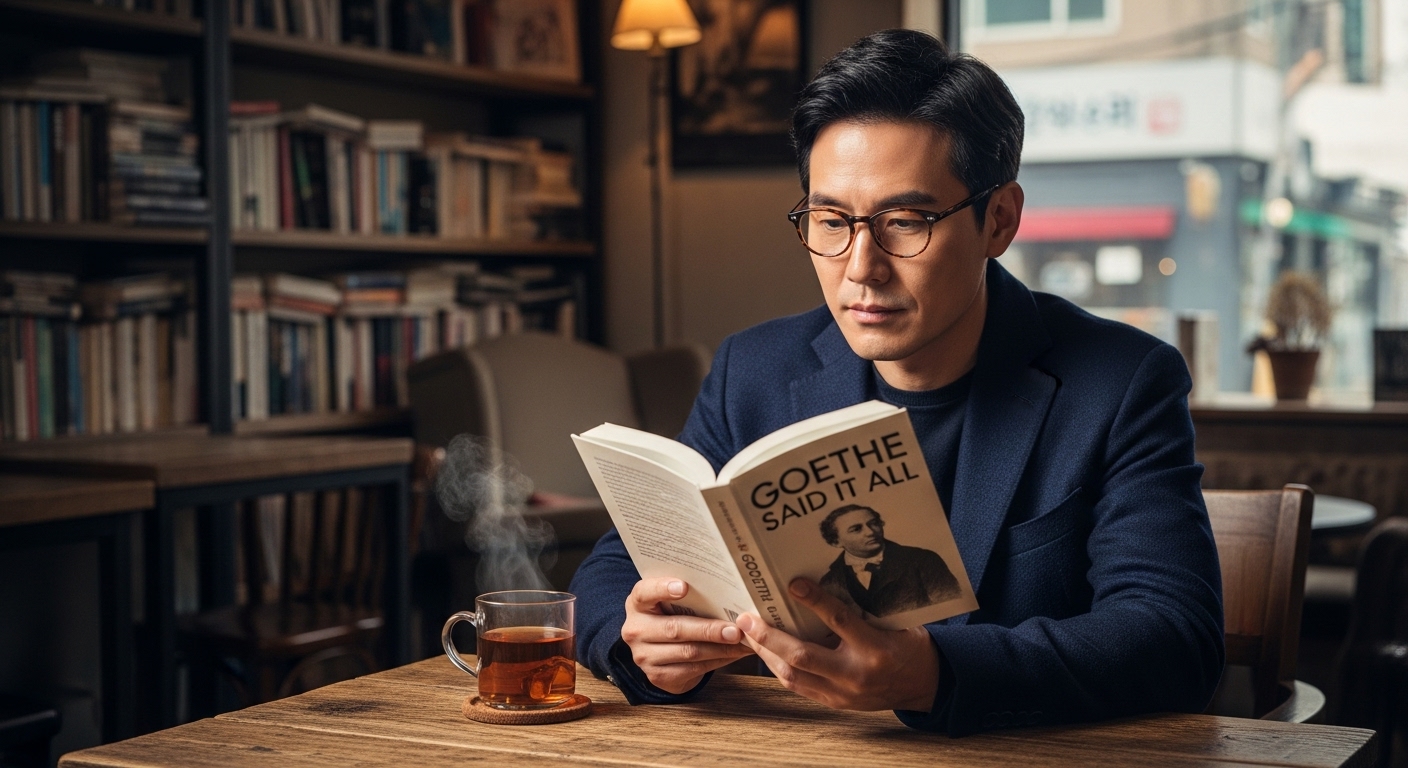 한 카페에서 책을 읽는 한국인 지식인이 홍차와 함께 앉아 있는 모습