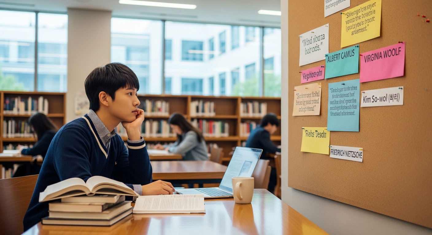 도서관에서 여러 저자의 이름이 적힌 메모를 보며 깊은 생각에 잠긴 학생