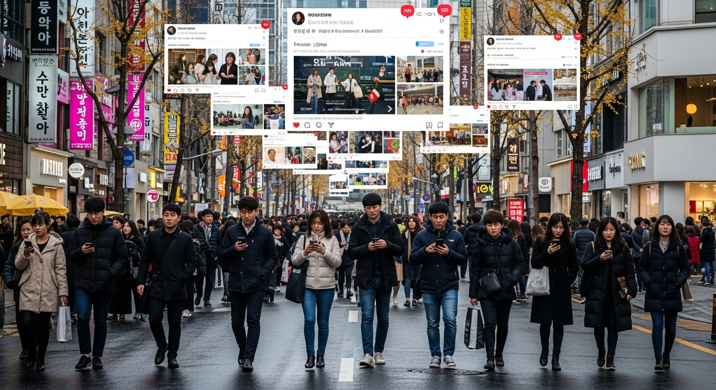 서울 거리에서 스마트폰을 보는 사람들과 디지털 화면