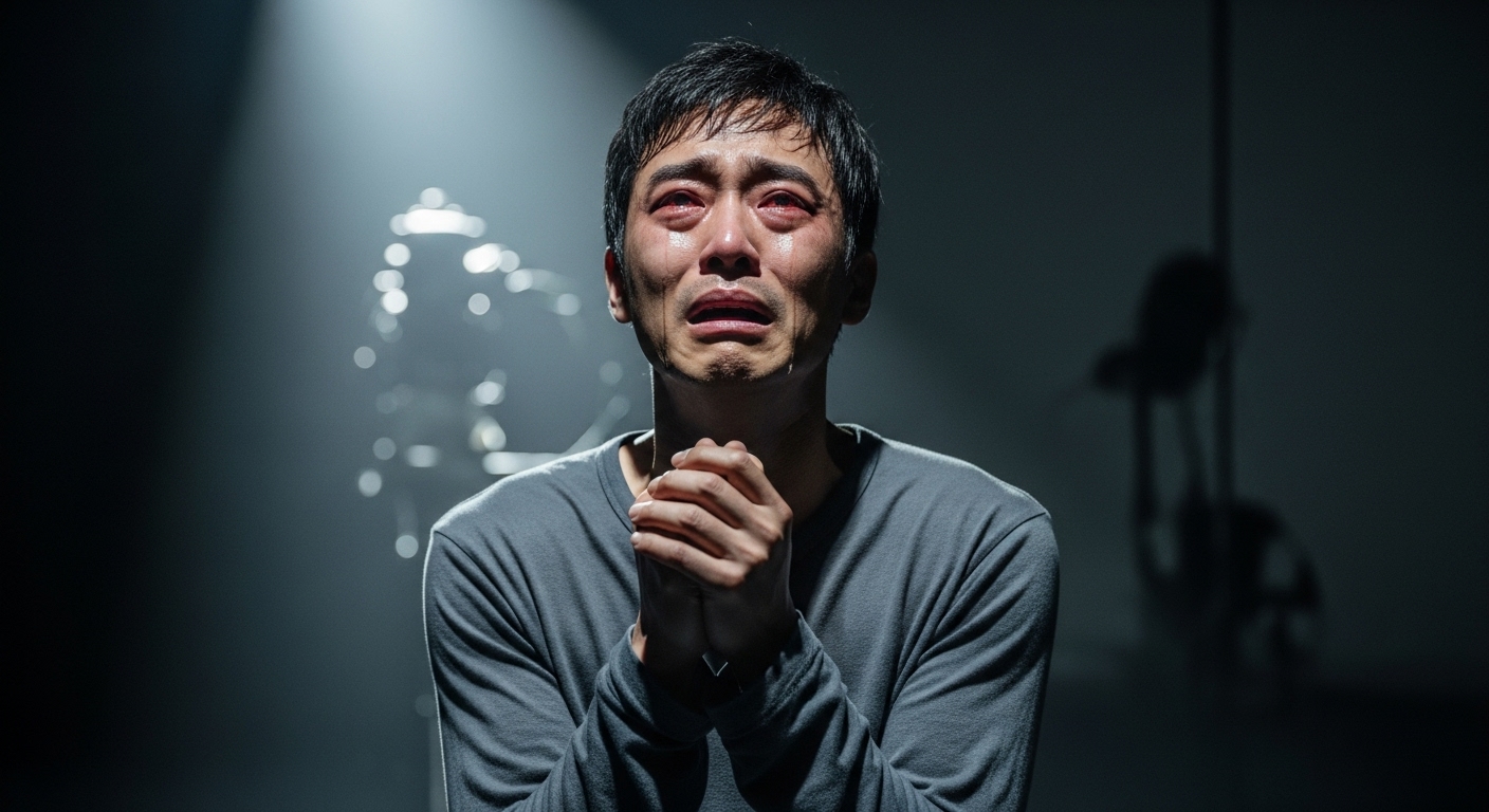 세트장에서 피해자 이야기를 연기하는 한국 배우의 감정적인 장면
