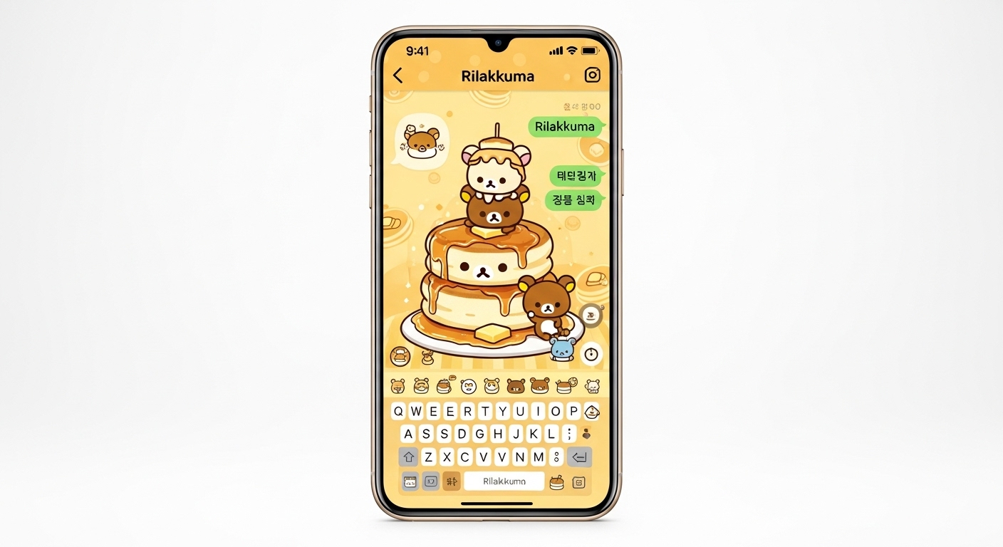 깔끔한 흰색 배경에 팬케이크 리락쿠마 테마가 적용된 스마트폰 화면