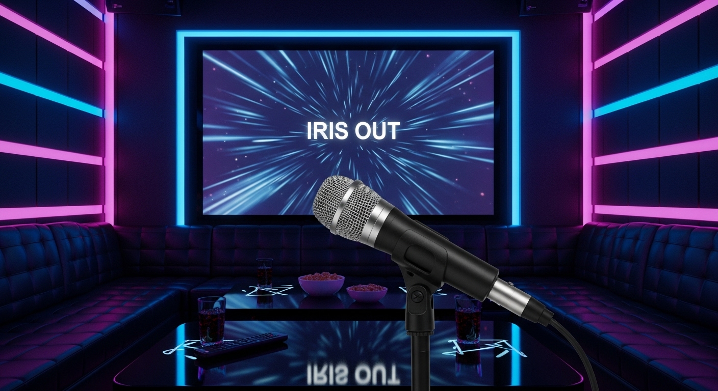 최신식 장비가 갖춰진 노래방에서 'IRIS OUT' 가사가 화면에 나오는 모습