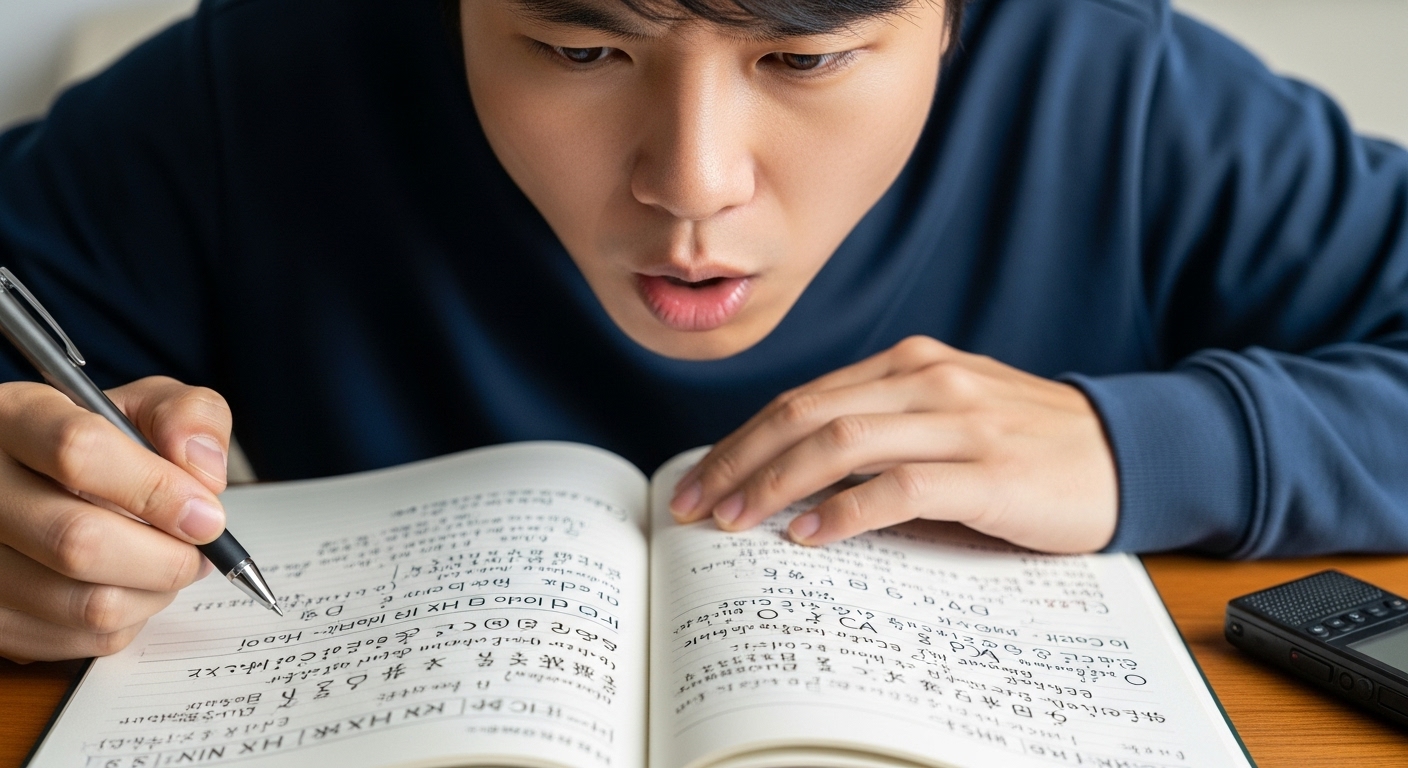 일본어 발음을 연습하는 한국인의 클로즈업과 노트에 적힌 발음 기호