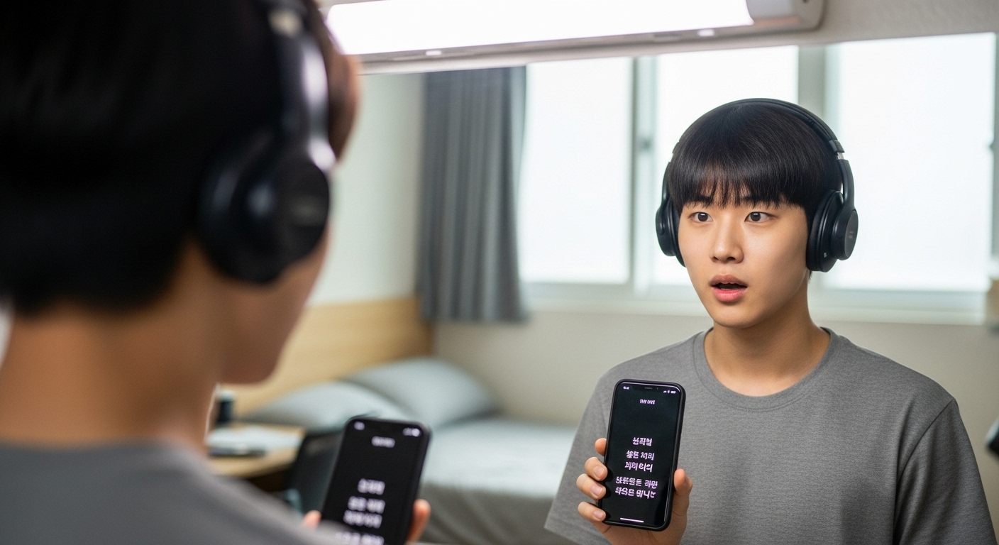 거울 앞에서 헤드폰을 끼고 스마트폰으로 가사를 보며 발음을 연습하는 학생