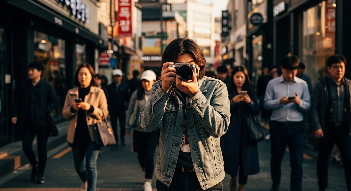 40mm 렌즈로 거리 장면을 포착하는 보행자의 모습