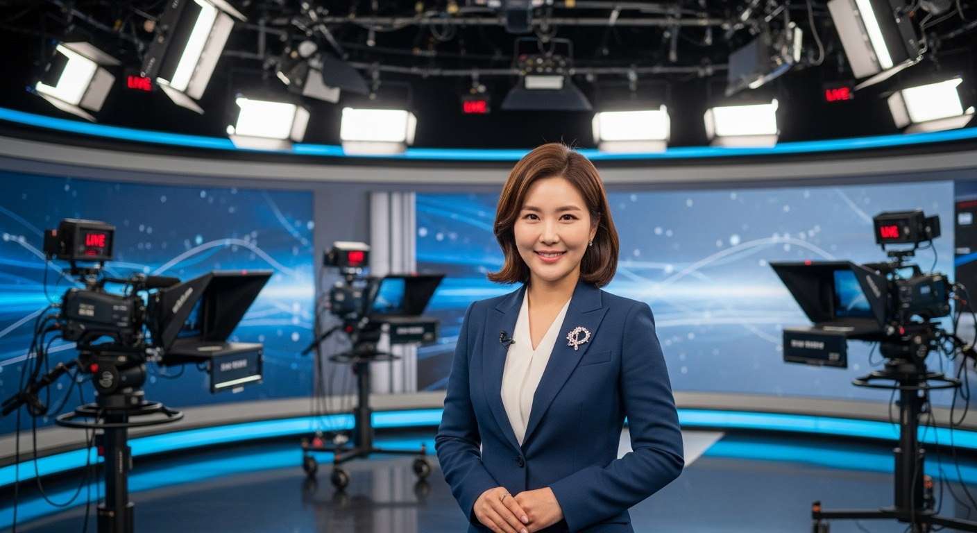 현대적인 방송 스튜디오에서 당당한 모습의 여성 방송인
