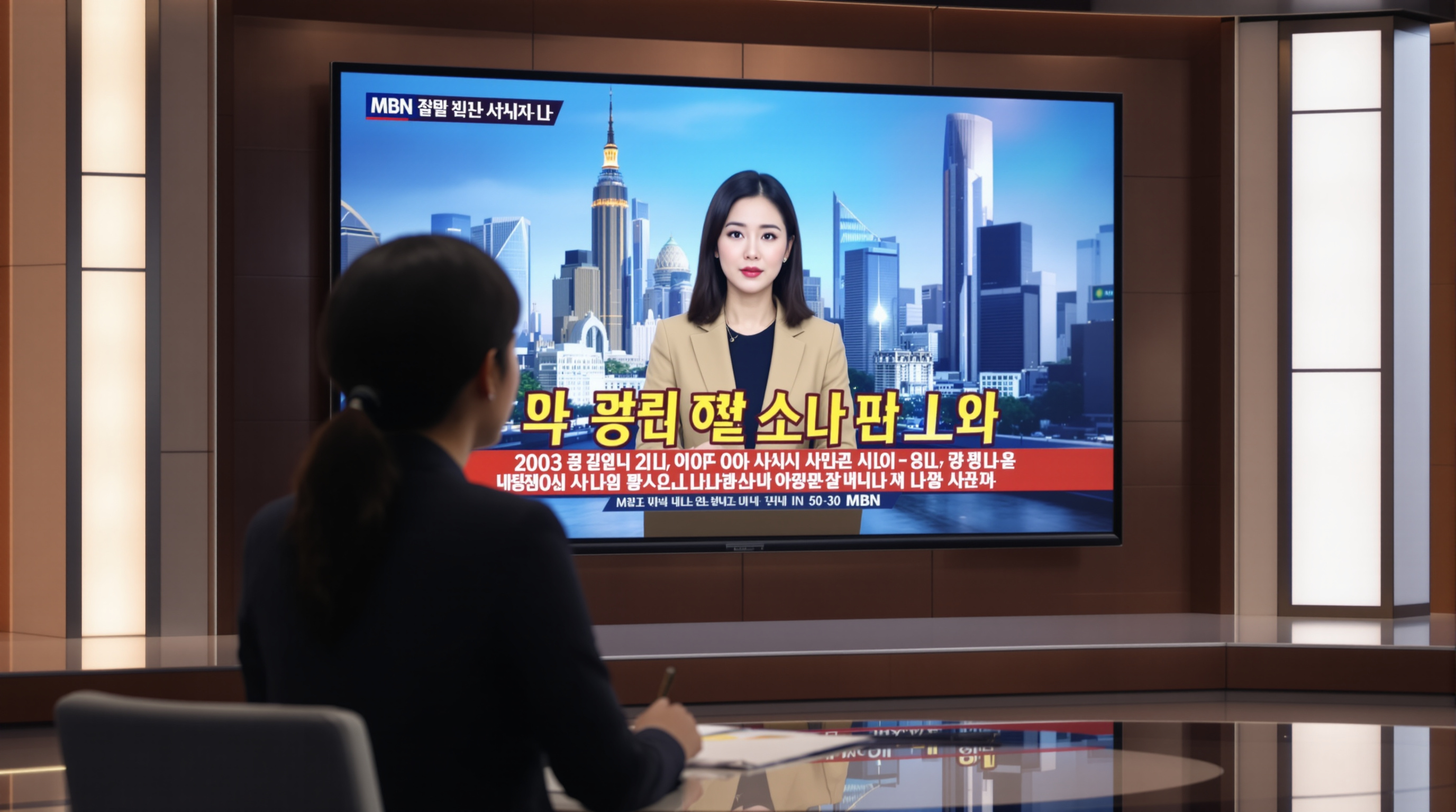대형 스크린 앞에서 뉴스를 전달하는 전문적인 분위기의 여성