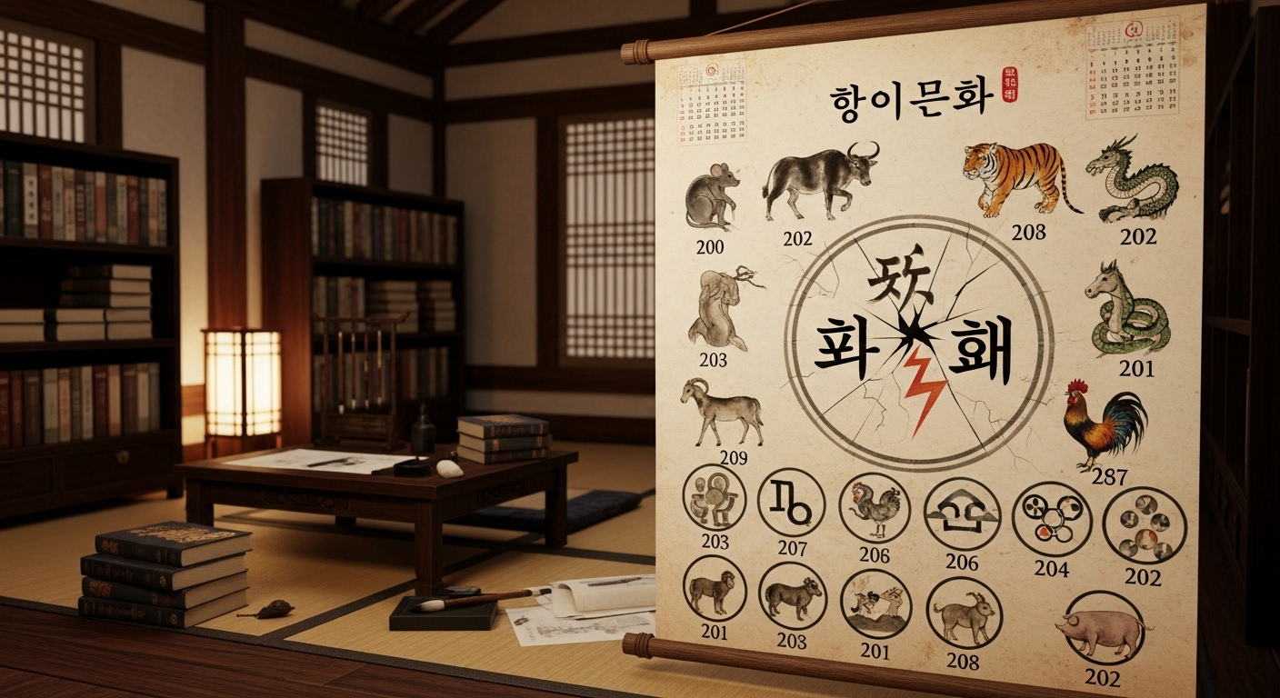 어두운 방에서 12년 주기 달력을 통해 삼재의 개념을 설명하는 장면