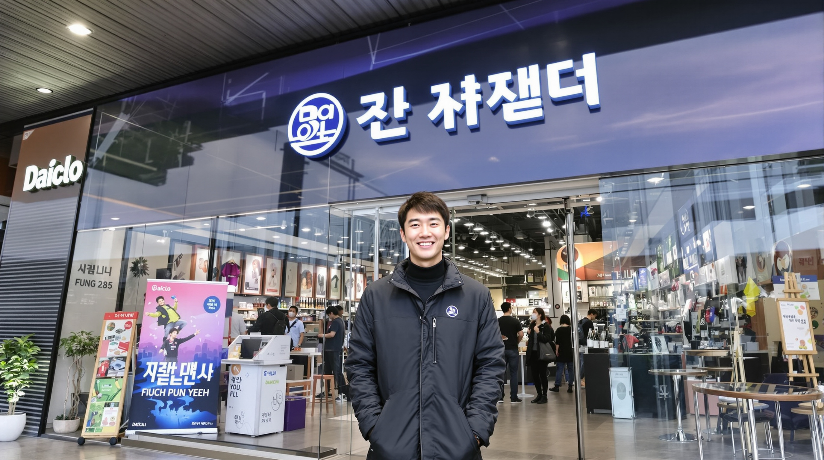 광주 수완 지역에 새롭게 개점한 다이클로 앞에서 고객을 맞이하는 이용대 선수