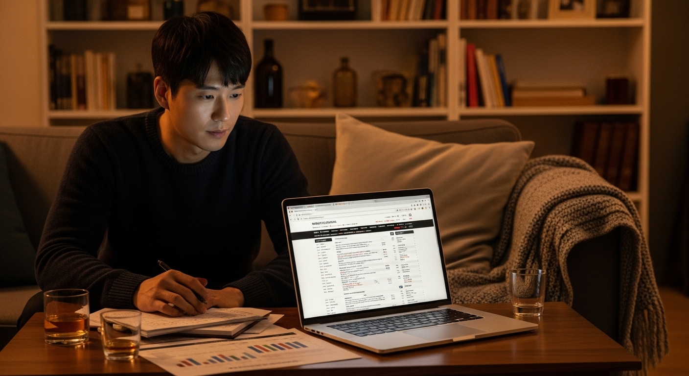 거실에서 노트북으로 위스키 가격을 비교하는 남성의 일상적인 모습