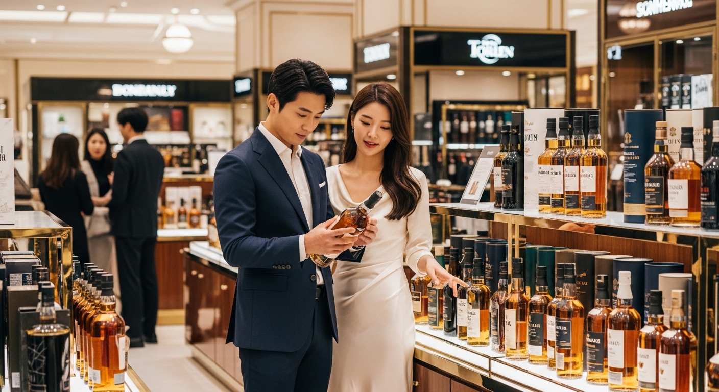 백화점에서 위스키를 고르는 커플의 세련된 쇼핑 장면