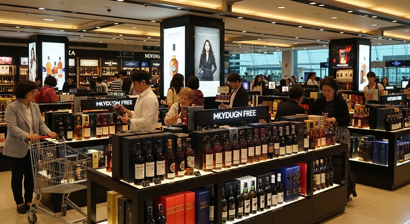 인천공항 면세점에서 여행객들이 위스키를 둘러보는 활기찬 분위기