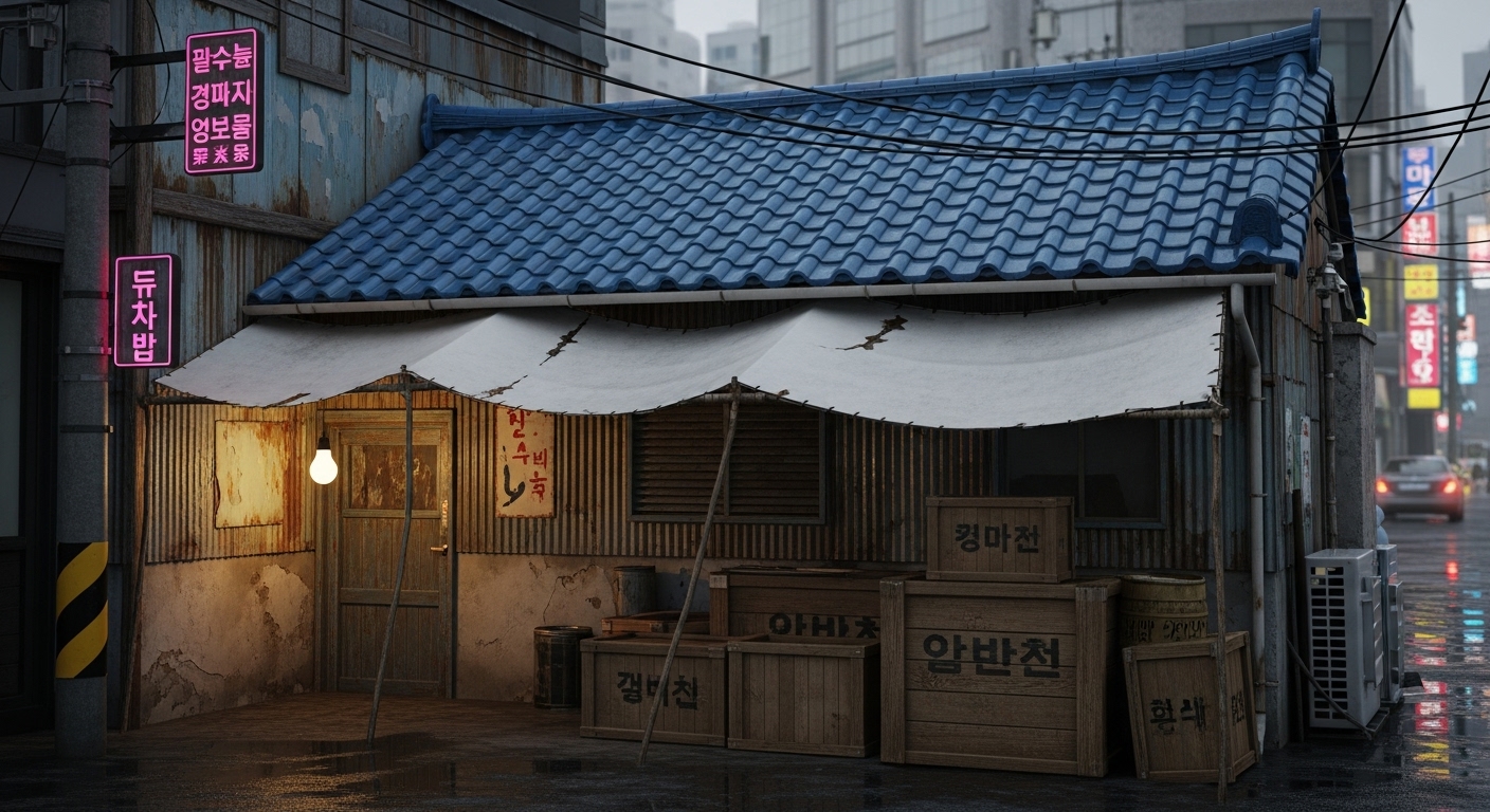 도시 배경 속 파란 지붕과 흰색 천막으로 덮인 허름한 창고 같은 비밀의방