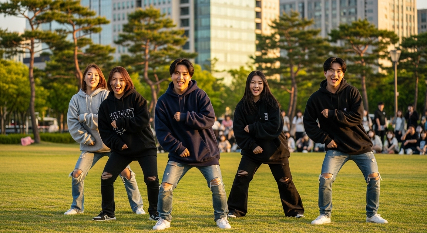야외에서 젊은 한국인들이 틱톡 댄스 챌린지를 즐기는 모습