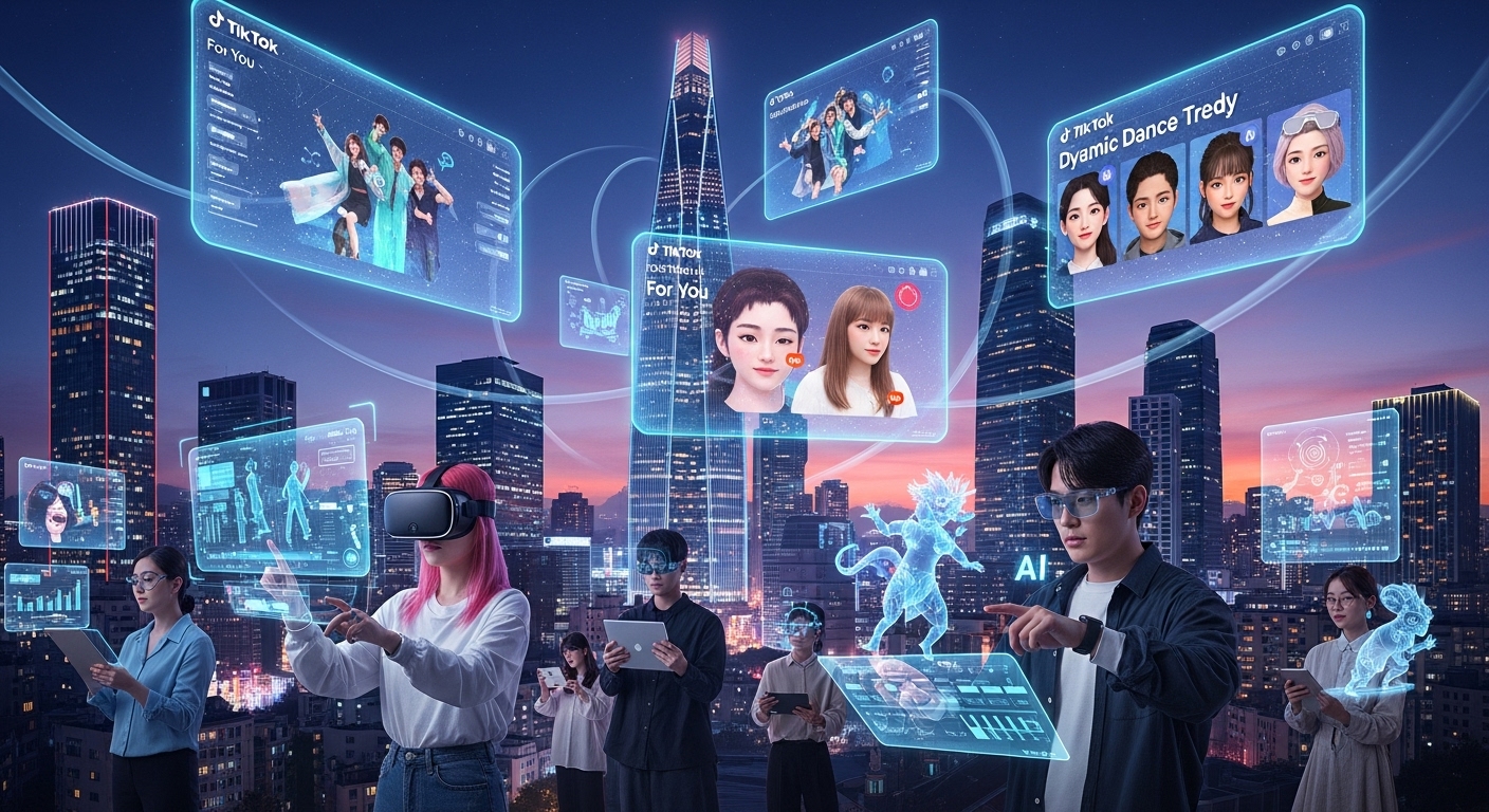 홀로그램 디스플레이에 나타나는 미래의 틱톡 트렌드와 AI 기술이 결합된 디지털 도구들을 탐구하는 한국인 크리에이터들