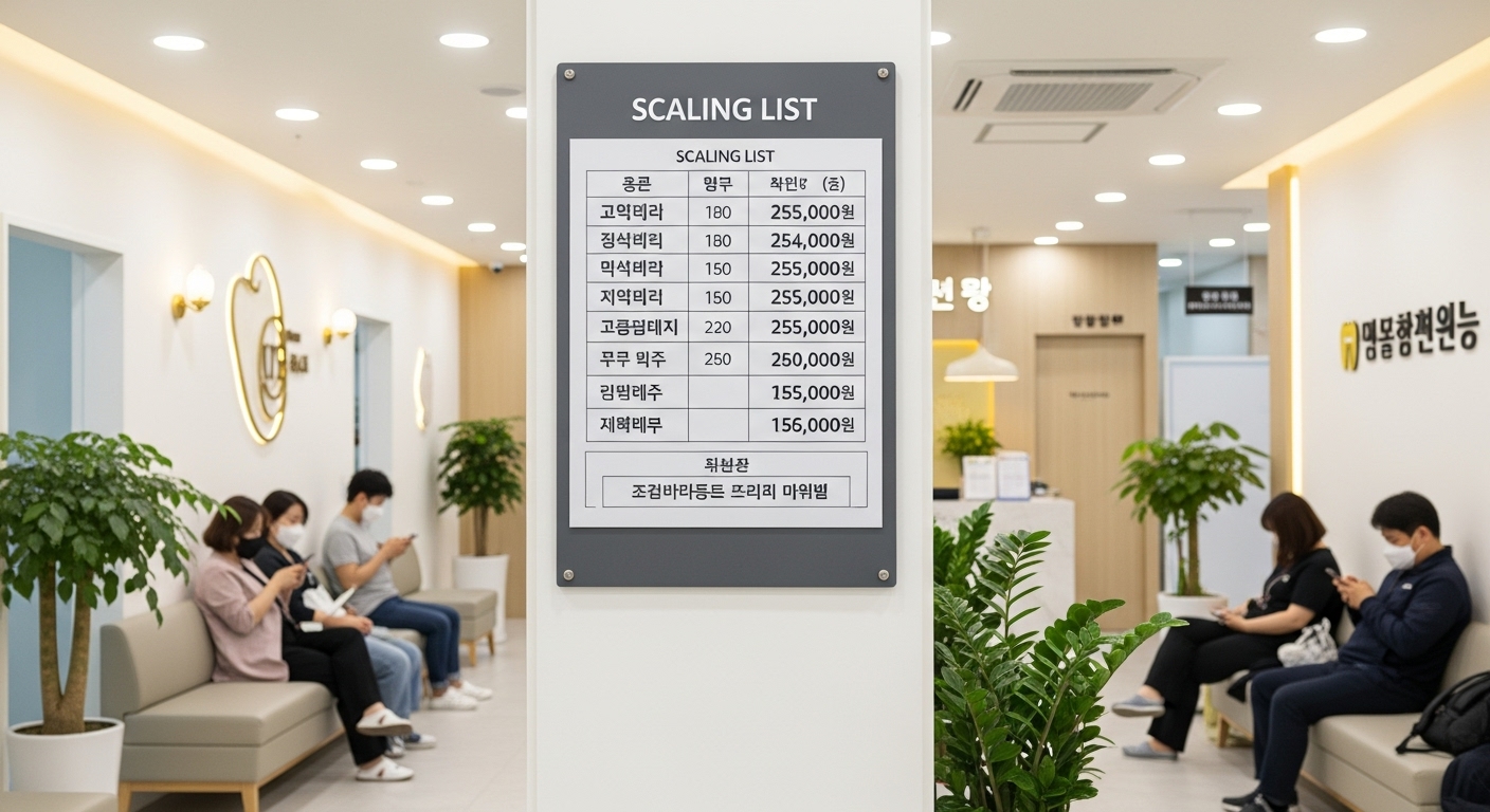 치과 내부에서 다양한 스케일링 가격표를 보여주는 장면