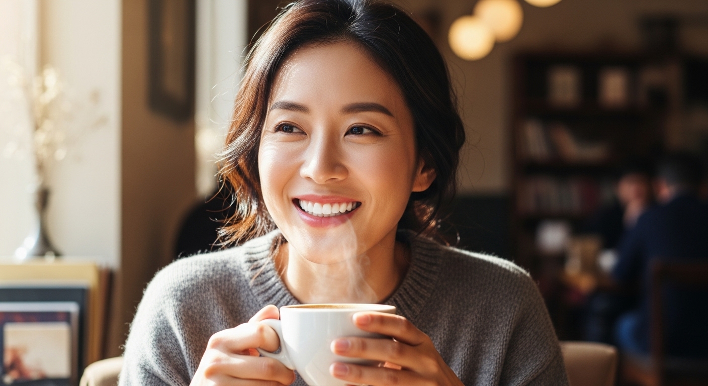 카페에서 커피를 들고 있는 하얀 치아를 가진 미소 짓는 여성
