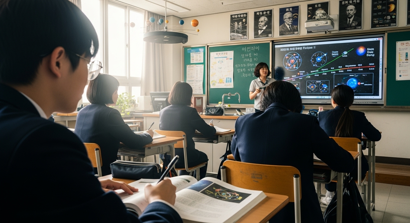 한국 고등학교 과학 수업에서 학생들이 빅뱅 이론과 쿼크에 대해 배우는 장면