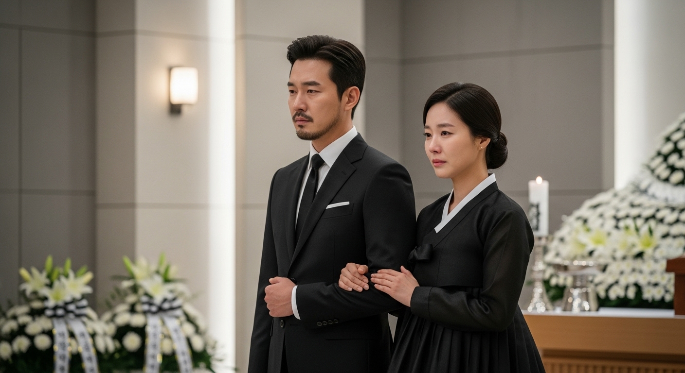 현대적인 한국 남녀가 장례식장에서 두 손을 앞으로 모으고 있는 모습
