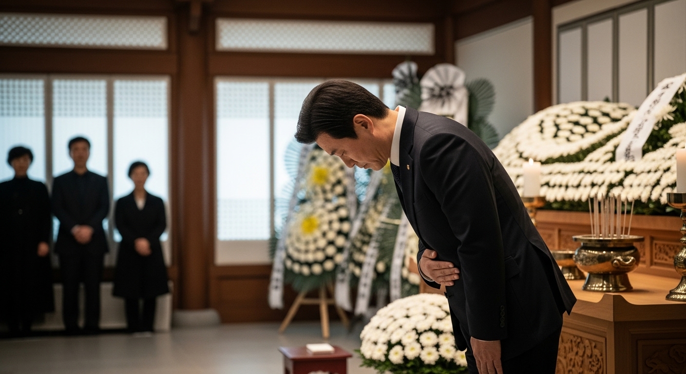한국 남성이 장례식장에서 오른손이 위로 가게 하여 절을 하는 모습
