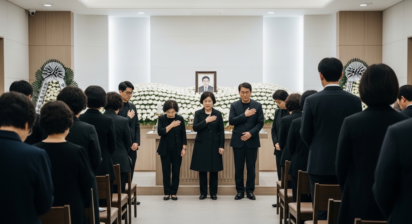 다양한 연령대가 참석한 현대적인 한국 장례식에서 간소화된 방식으로 조문하는 모습