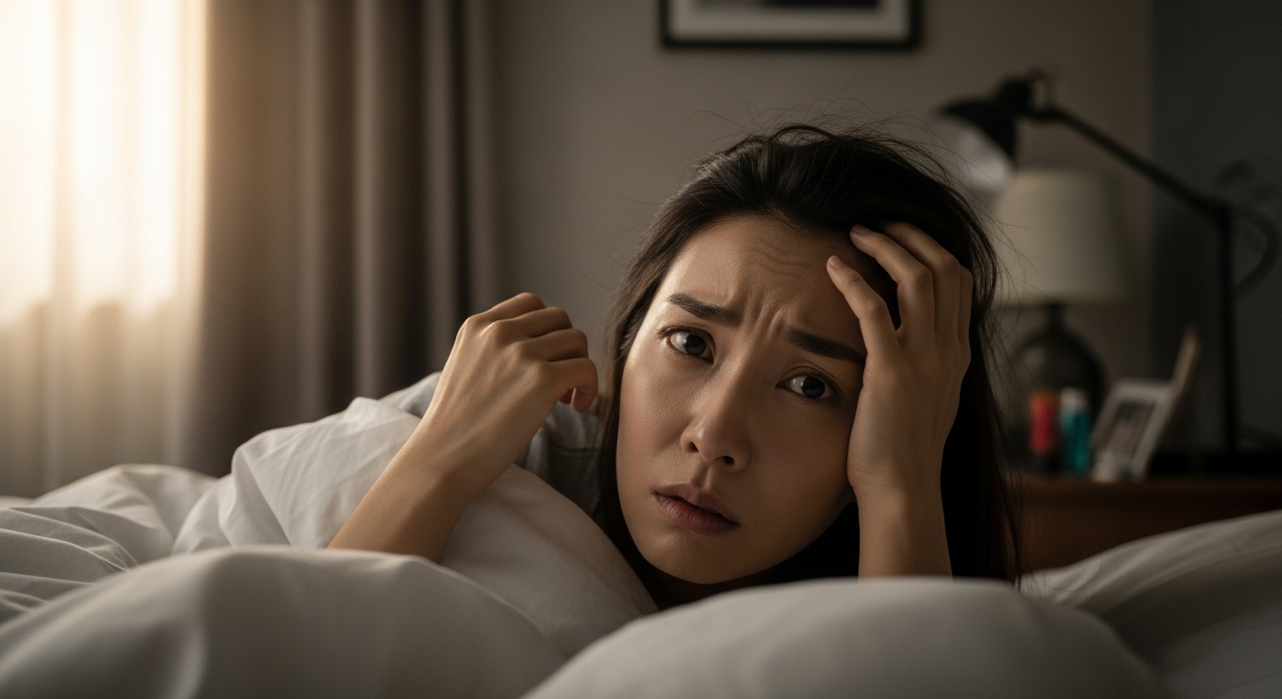 침대에 앉아 걱정스러운 표정을 짓는 여성이 아침 햇살을 받는 모습