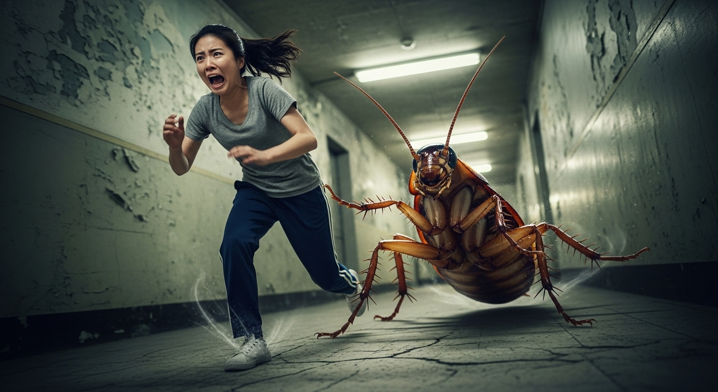 어두운 복도에서 큰 바퀴벌레에게 쫓기며 달리는 여성