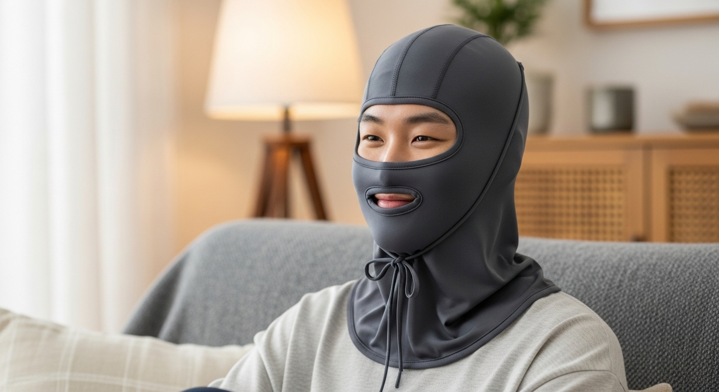 실내에서 조절 가능한 끈 디테일이 있는 바라클라바를 편안하게 착용하고 있는 모습
