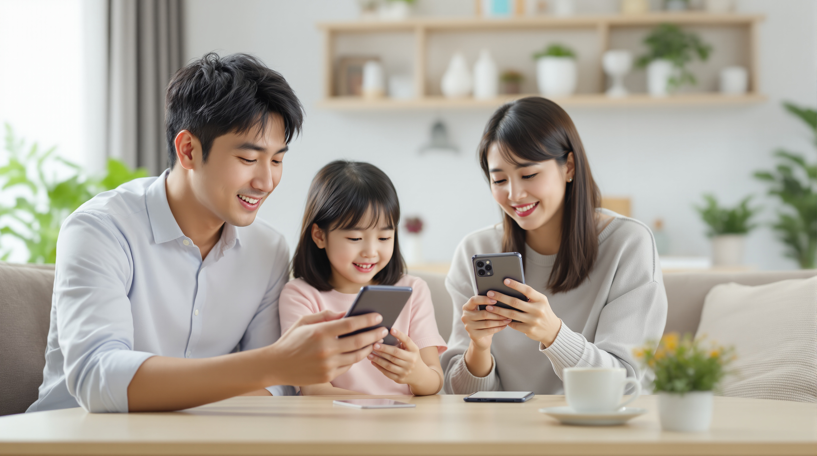 가족이 집에서 서로 다른 갤럭시 모델들을 비교하는 모습
