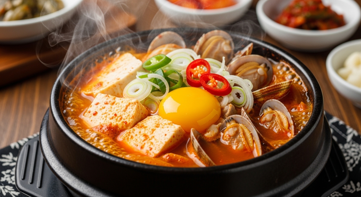따뜻한 주방에서 김이 나는 순두부찌개 한 그릇의 모습