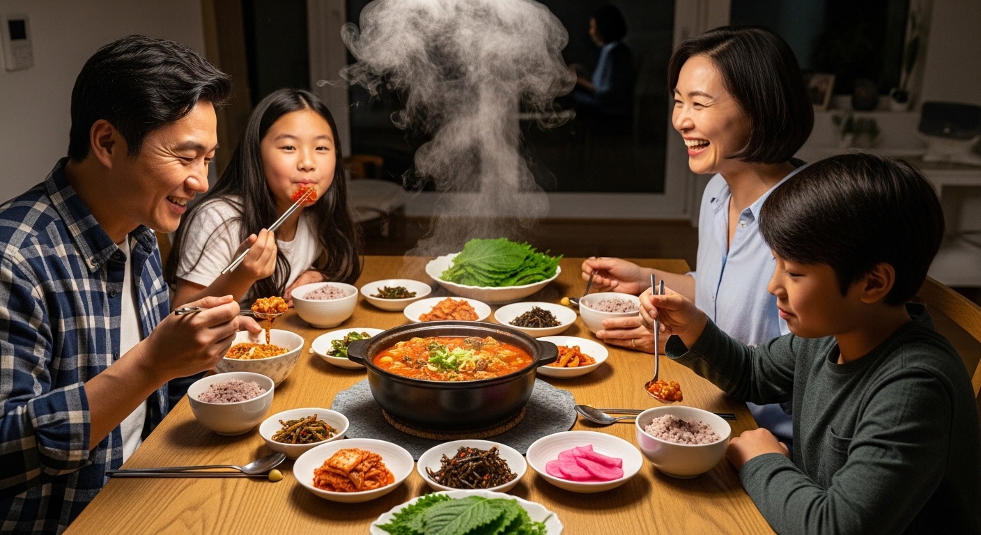 식탁에서 가족들이 순두부찌개를 즐기는 행복한 장면
