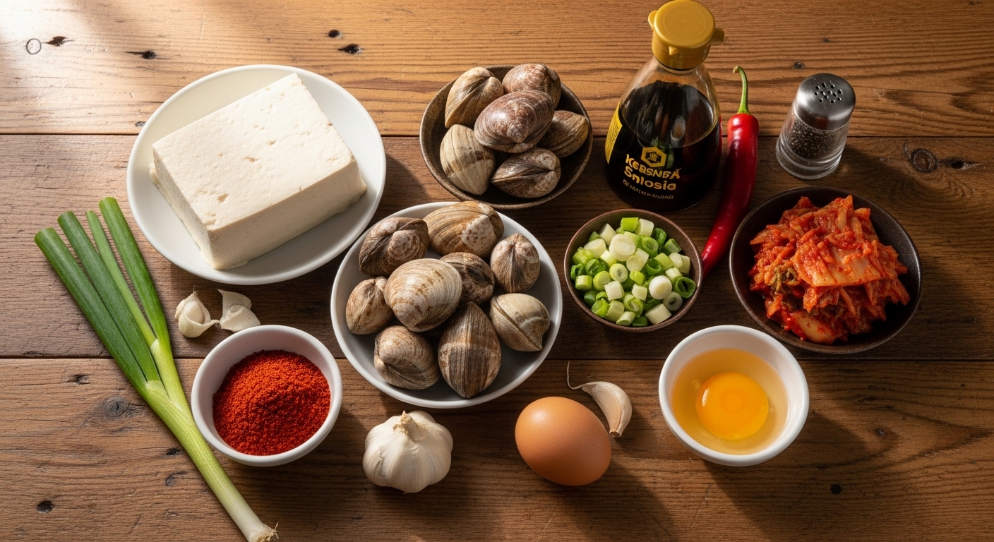 나무 조리대 위에 놓인 순두부찌개 재료들