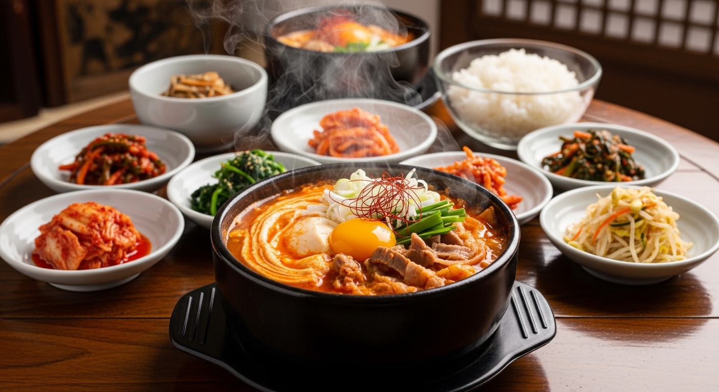 전통적인 한국 상차림에 놓인 완성된 순두부찌개의 모습