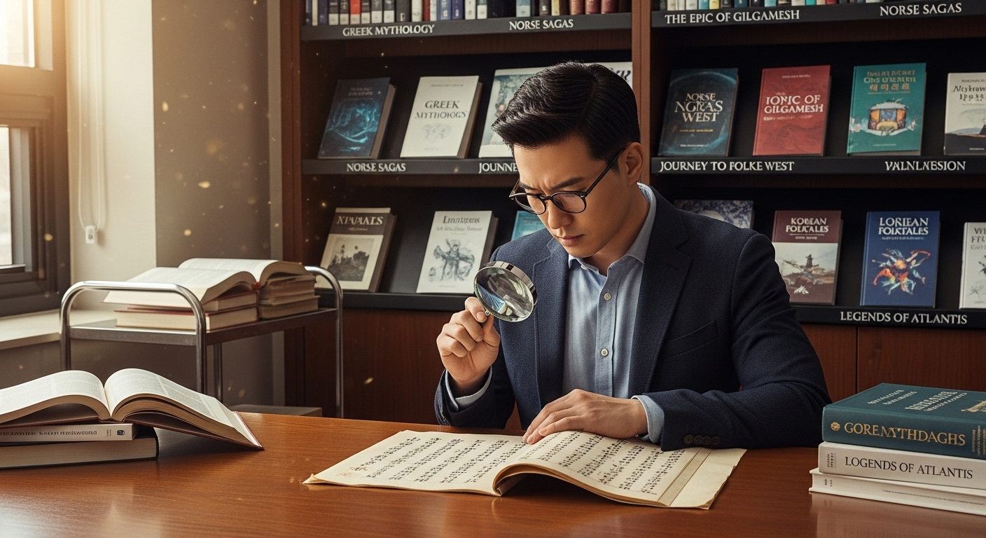 현대 학자가 도서관에서 세계 신화를 연구하는 모습