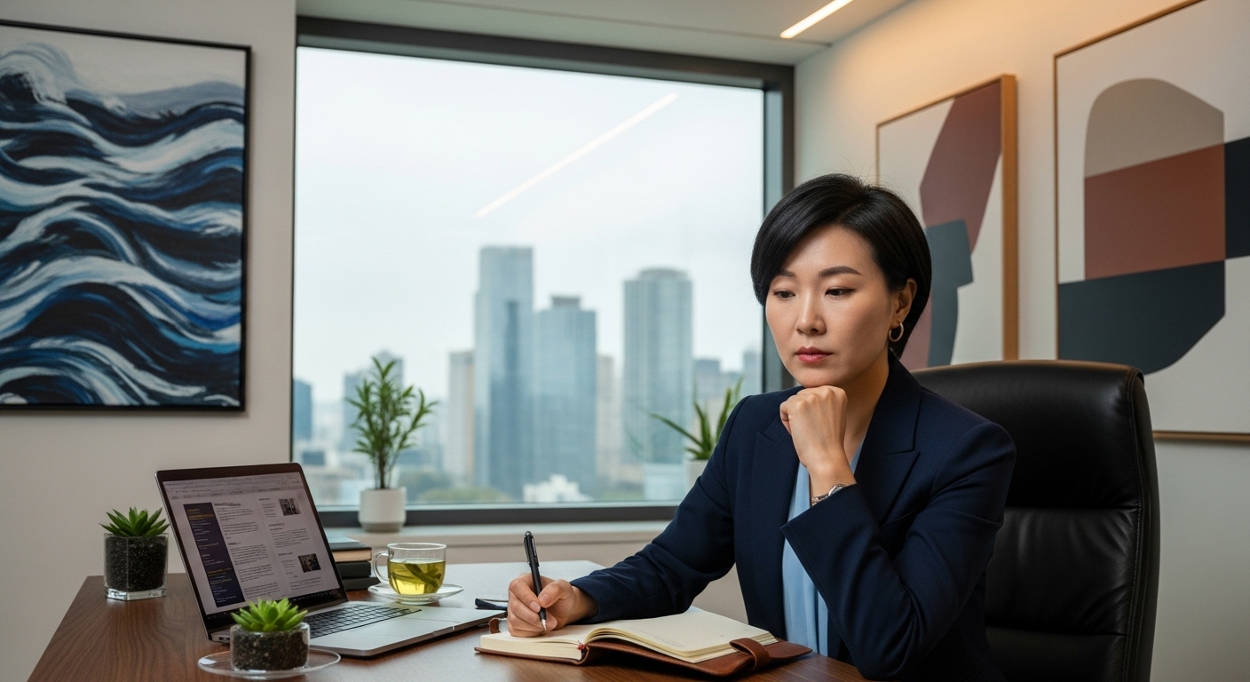 현대 심리학자가 도시 사무실에서 홍수 신화의 심리적 영향을 탐구하는 장면