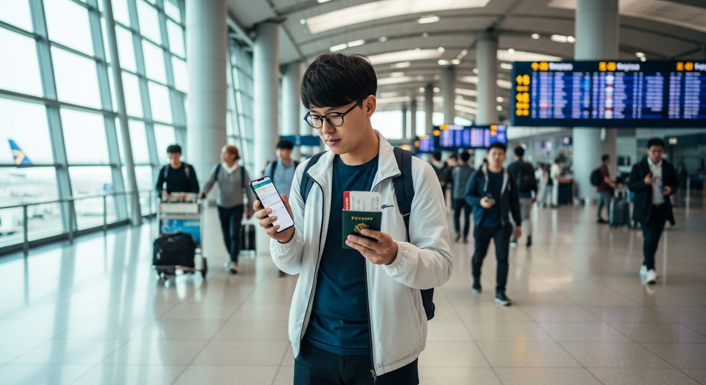 밝은 공항 터미널에서 스마트폰으로 여행 서류를 확인하는 한국인 여행객