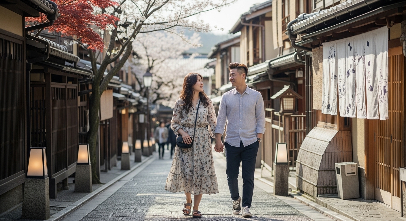 사전 등록 덕분에 공항 절차를 매끄럽게 마치고 일본 도시 거리를 여유롭게 걷는 한국 커플