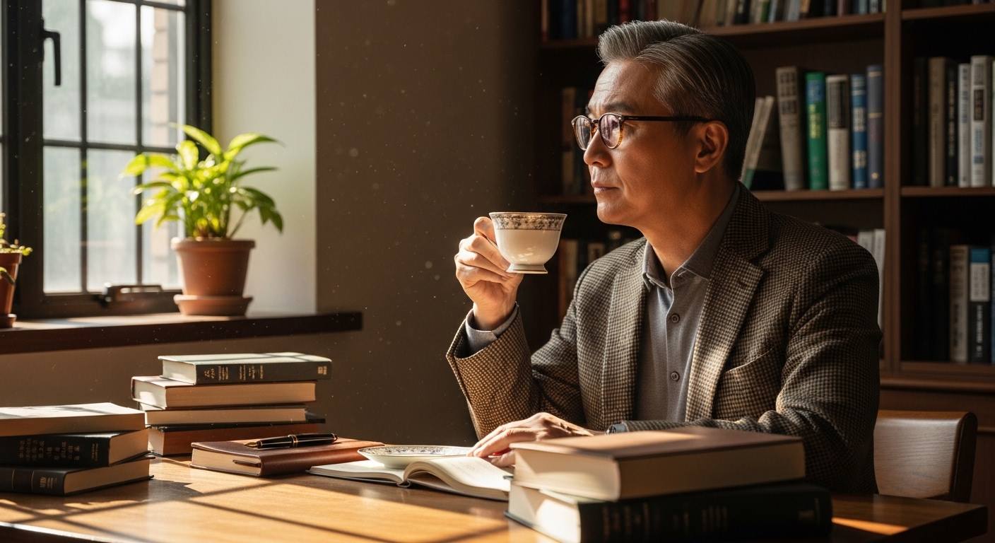 책상에 앉아 창밖으로 햇살이 비치는 가운데 홍차와 책들을 앞에 둔 교수의 사색적인 모습