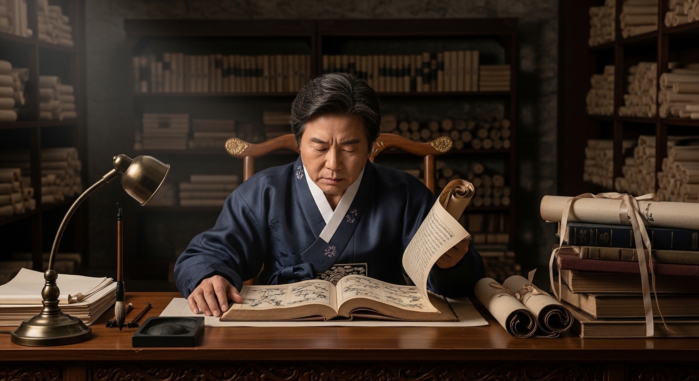 도서관에서 옛날 책들과 원고들을 탐색하는 학자의 집중하는 모습