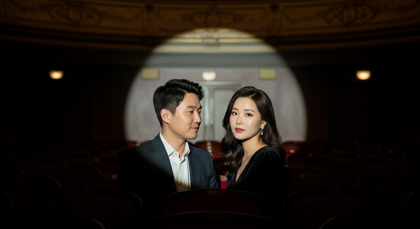 어두운 극장에서 커플에게만 스포트라이트가 비춰지는 장면