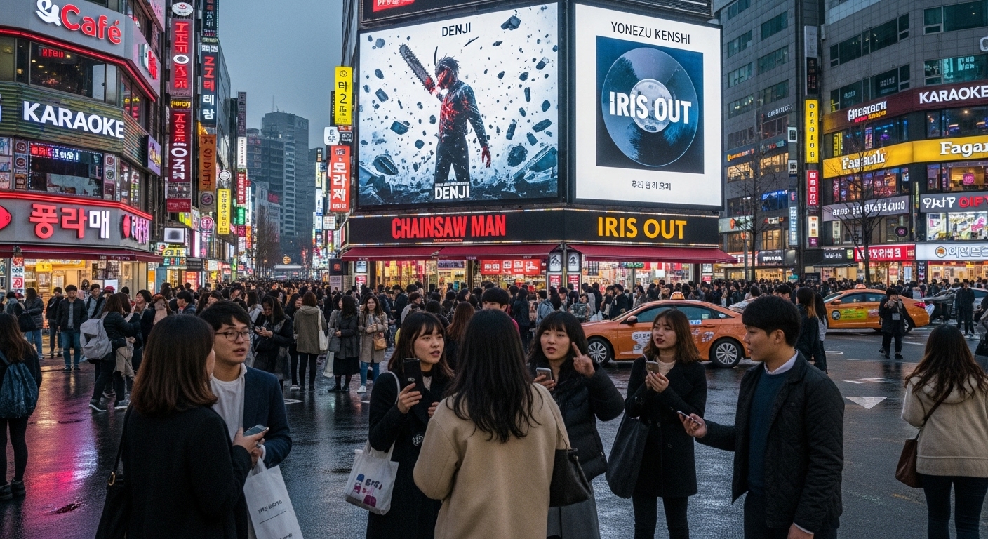 서울 거리에서 젊은이들이 체인소 맨과 요네즈 켄시 노래가 적힌 대형 광고판을 보고 있는 모습