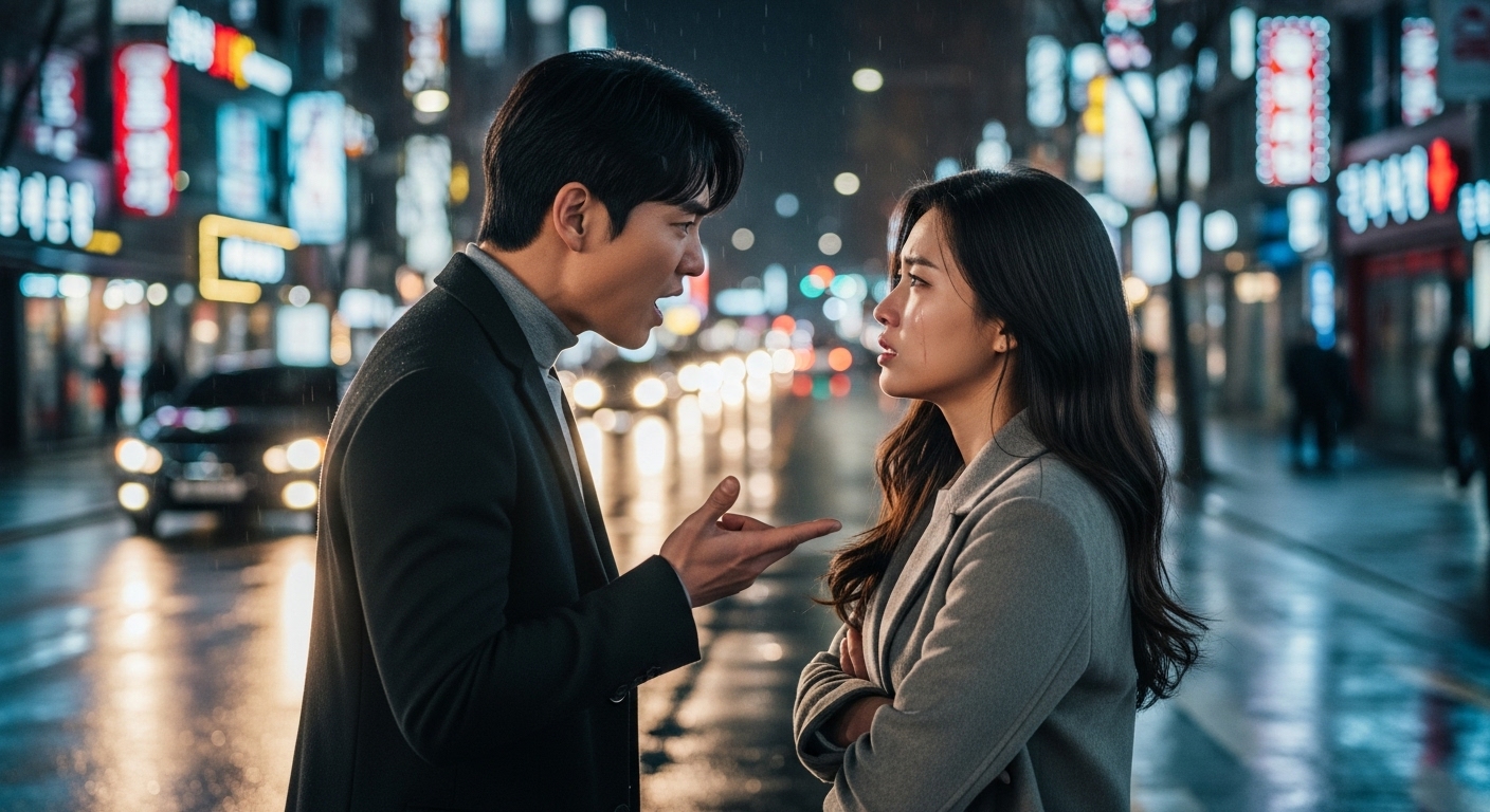 도시 야경 속 격렬한 감정으로 언쟁 중인 커플