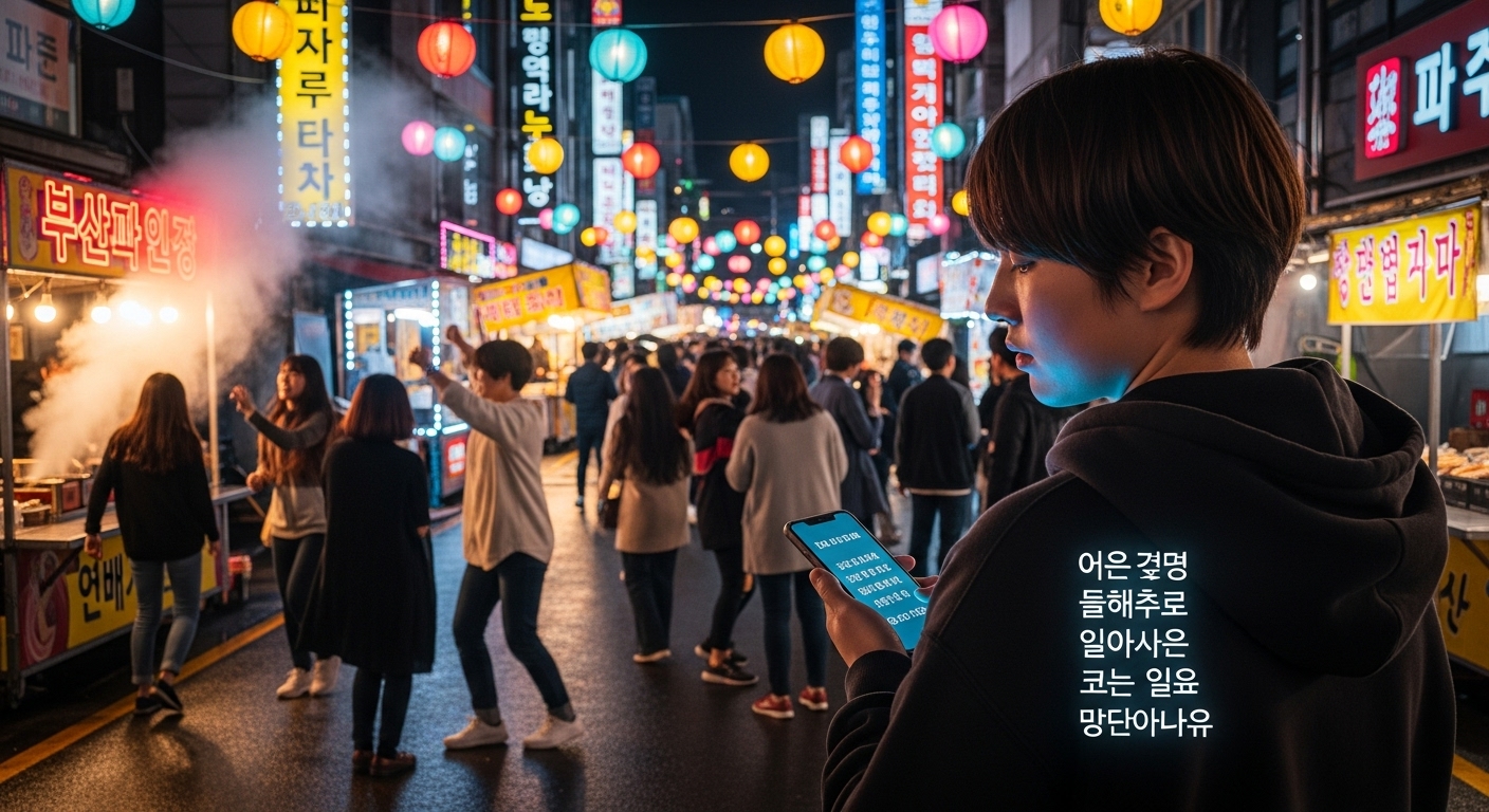 서울 거리 축제에서 밝은 음악 속 혼자 슬픈 가사를 읽는 사람